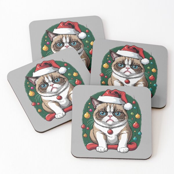 Item preview, Grumpy Cat in Christmas Hat with Festive Baubles designed and sold by NOTRE-BONHEUR.