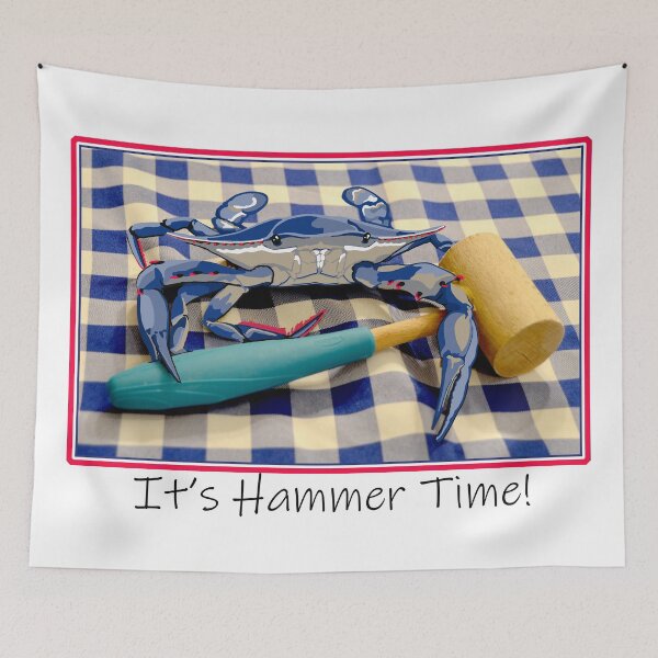 Item preview, It's Hammer Time Blue Crab with Hammer on Gingham tablecloth T-Shirt designed and sold by laughingwillows.
