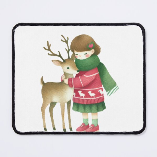 Aperçu de l'œuvre Jolie fille serrant un cerf dans ses bras en hiver créée et vendue par ImagineCorner.