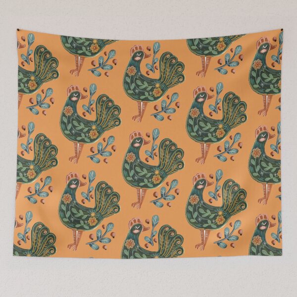 Item preview, Chicken with colorful patterns, green rooster with flowers, rowan and folklore, folklore chicken, green chicken, folklore patterns,  designed and sold by Dormitria.
