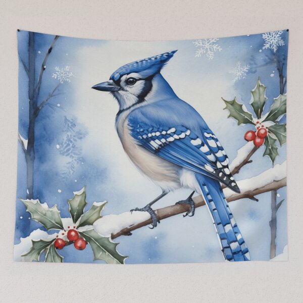Item preview, Blue Jay on Holly Branch with Snowflakes designed and sold by WaterBirdArt.