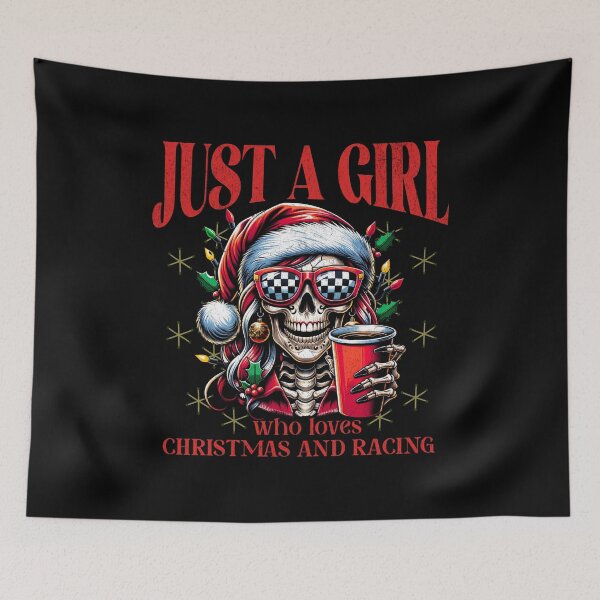 Item preview, Just A Girl Who Loves Christmas and Racing Funny Cute Santa Hat Cool Skeleton Xmas Cup of Coffee Holiday Christmas Lights designed and sold by CarantinedChaos.