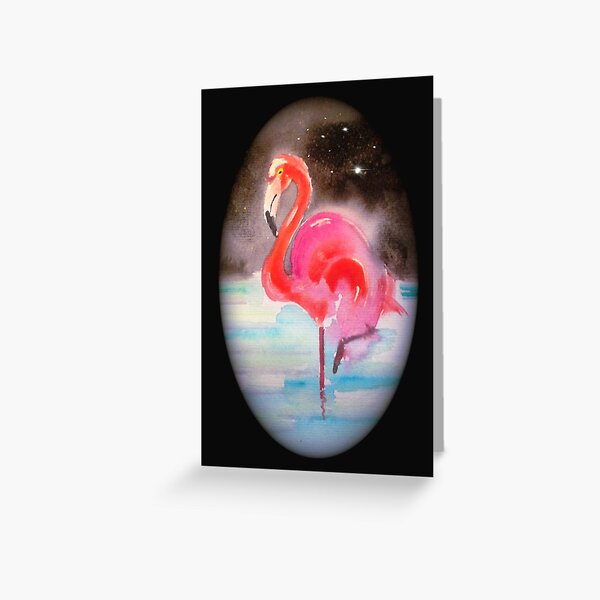 Pink Flamingo at Midnight with Twinkly Stars by Goddamn Media Greeting Card
