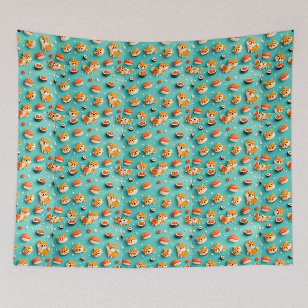 Item preview, A vibrant 3D pattern background showcasing playful Shiba Inus with sushi, perfect for fun and quirky pet-themed products. designed and sold by AlwaysHome.