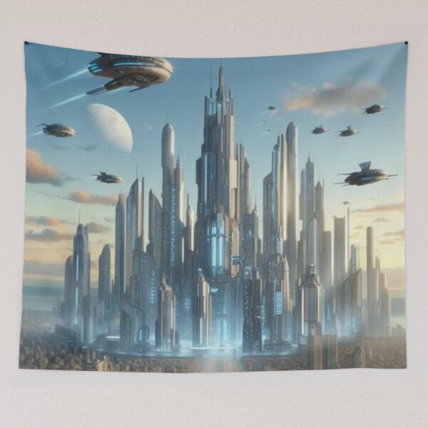 Item preview, A futuristic city skyline with towering skyscrapers and flying vehicles designed and sold by IrsathThaslima.