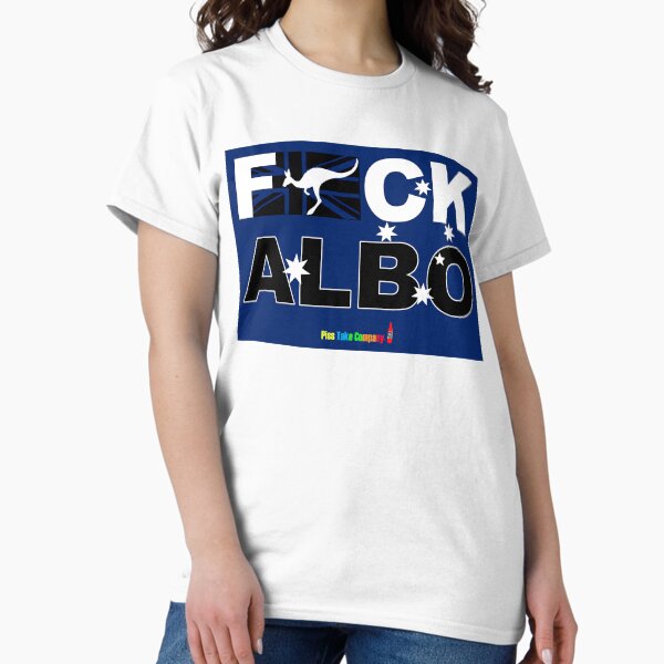 Vista previa del artículo con la obra «Pegatina para el parachoques con la frase "Fuck Albo"», diseñado y vendido por Piss Take .