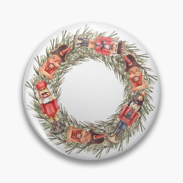 Item preview, Spruce tree branches Christmas wreath with nutcrackers retro toy. Watercolor painted illustration designed and sold by BartolArt.
