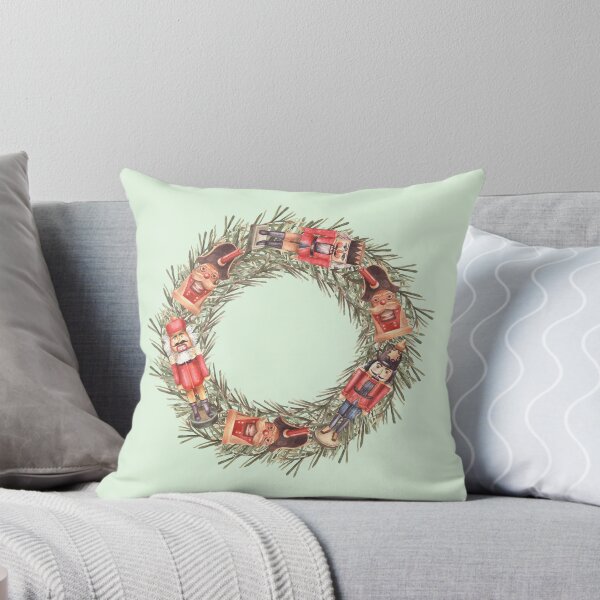 Item preview, Spruce tree branches Christmas wreath with nutcrackers retro toy. Watercolor painted illustration designed and sold by BartolArt.