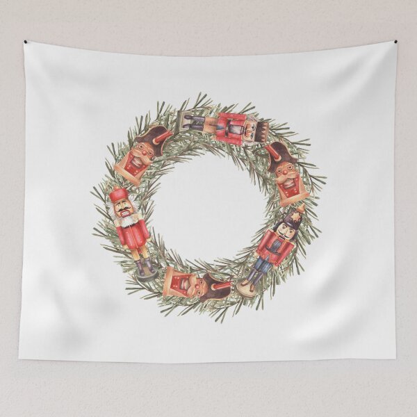 Item preview, Spruce tree branches Christmas wreath with nutcrackers retro toy. Watercolor painted illustration designed and sold by BartolArt.