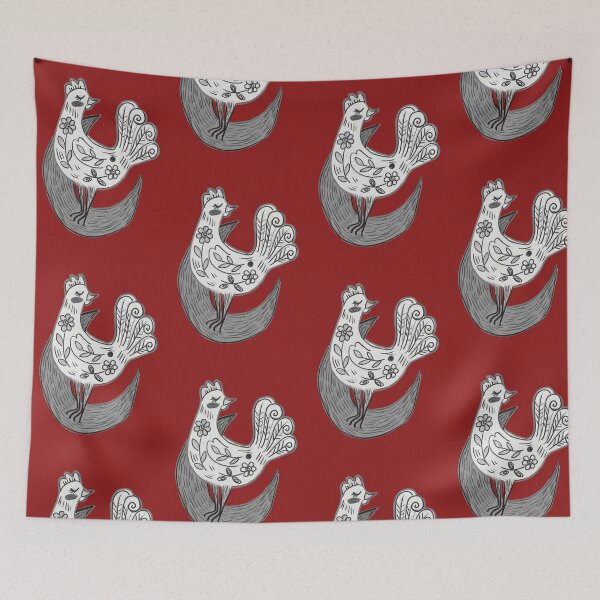 Item preview, Rooster on the moon in shades of gray, folklore hen, black and white hen, gray hen with folklore patterns designed and sold by Dormitria.
