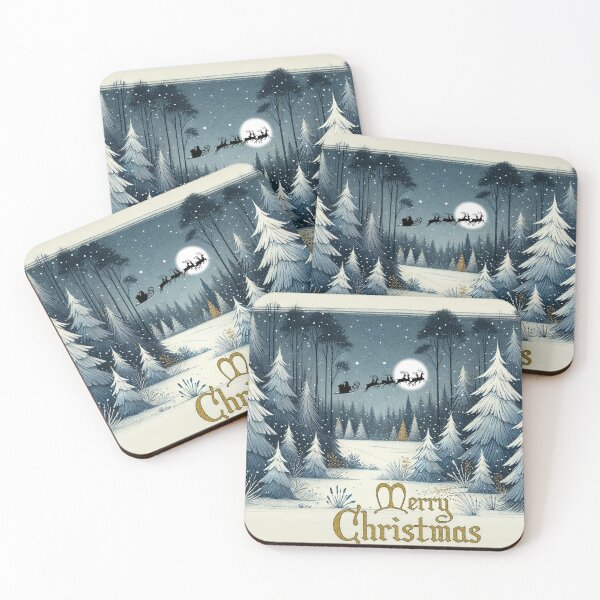 Item preview, Merry Christmas greeting card of snowy fir trees with Santa's sleigh designed and sold by Audrey Janvier | AJD.