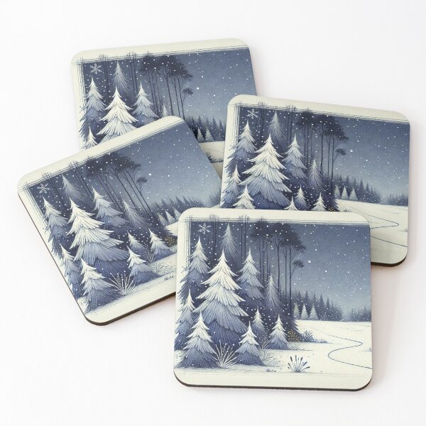 Item preview, Snowy fir forest scenery in dark blue night designed and sold by Audrey Janvier | AJD.