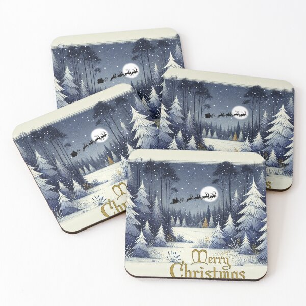 Item preview, Merry Christmas greeting card of snowy fir trees with Santa's sleigh designed and sold by Audrey Janvier | AJD.