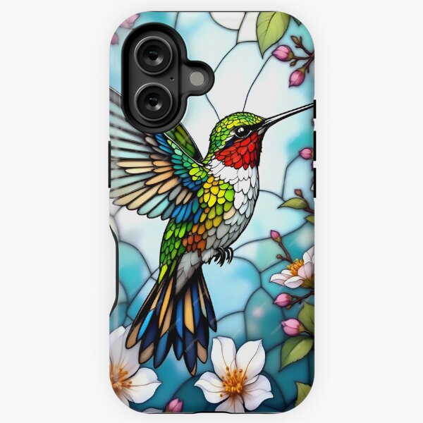 Aperçu de l'œuvre colibri vibrant avec des fleurs colorées, conception de coques de téléphone, conception inspirée des vitraux créée et vendue par Creativeworld03.