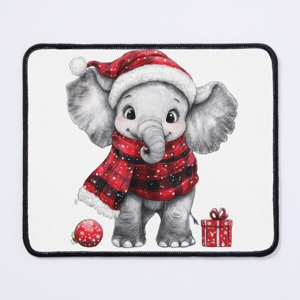 Item preview, Cute Baby Elephant in Christmas Costume, wearing Scottish beret and a red plaid scarf designed and sold by ThaiArtShop.