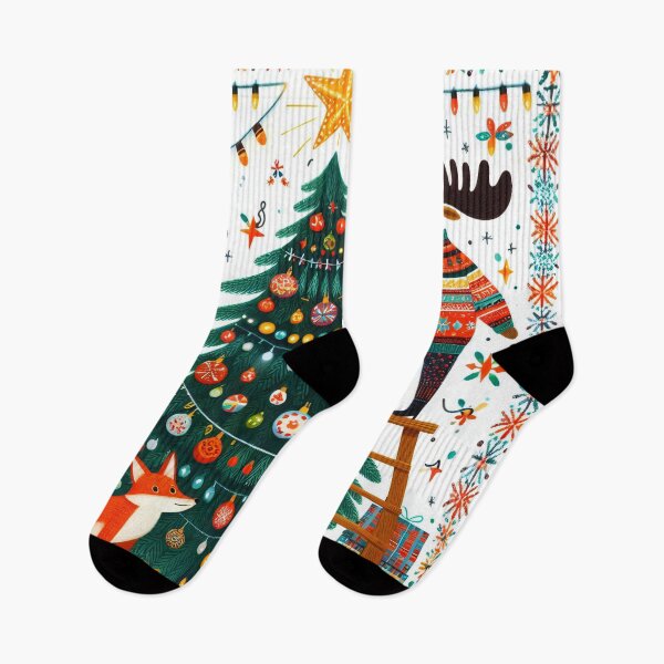 Item preview, Scandinavian Folk Art Happy Holidays - Moose and Fox decorate a Christmas tree by heidiannemorris designed and sold by FOLK ART FUSION by heidiannemorris.