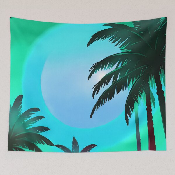Item preview, Retro Moon and Palm Trees Seafoam Green Cyan Dark Green AI Art designed and sold by Beachy.