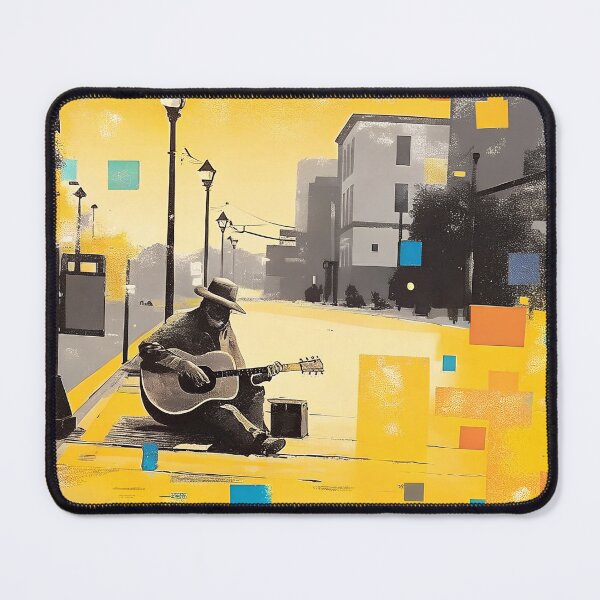 Item preview, An elderly man plays guitar on a city sidewalk, surrounded by abstract colors. designed and sold by PholPol1959.