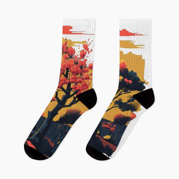 Item preview, Retro-Pop Landscape With Cherry Blossoms In Vivid Neon Noir designed and sold by estampavibe.