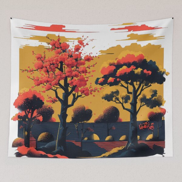 Item preview, Retro-Pop Landscape With Cherry Blossoms In Vivid Neon Noir designed and sold by estampavibe.