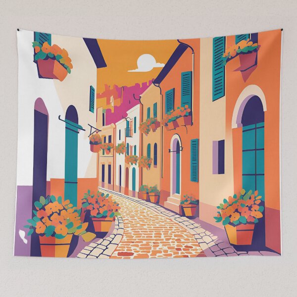 Item preview, Vibrant Mediterranean Street with Colourful Blooms designed and sold by RaiyaTees.