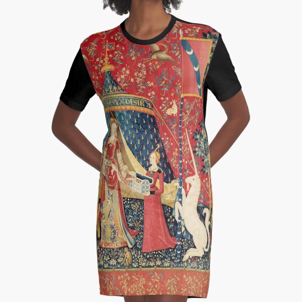 LADY AND UNICORN DESIRE ,Lion,Fantasy Flowers,Animals,Red Green Floral Graphic T-Shirt Dress