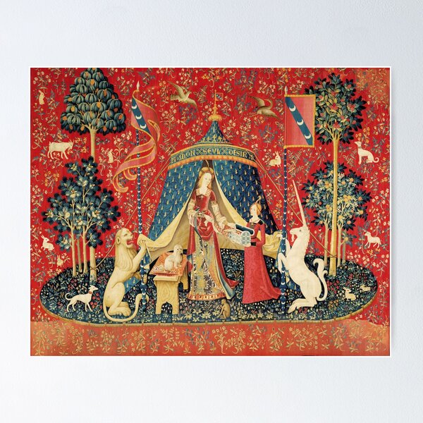 Vista previa del artículo con la obra «LA DAMA Y EL DESEO DEL UNICORNIO, León, Flores de fantasía, Animales, Tapiz floral rojo y verde», diseñado y vendido por BulganLumini.