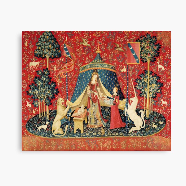 LADY AND UNICORN DESIRE ,Lion,Fantasy Flowers,Animals,Red Green Floral Canvas Print