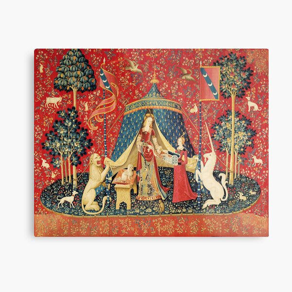 LADY AND UNICORN DESIRE ,Lion,Fantasy Flowers,Animals,Red Green Floral Metal Print