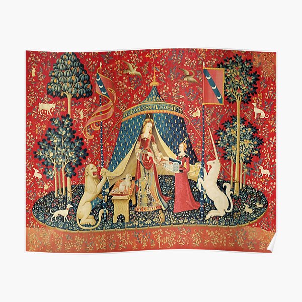 LADY AND UNICORN DESIRE ,Lion,Fantasy Flowers,Animals,Red Green Floral Poster