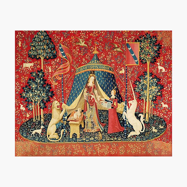 LADY AND UNICORN DESIRE ,Lion,Fantasy Flowers,Animals,Red Green Floral Photographic Print
