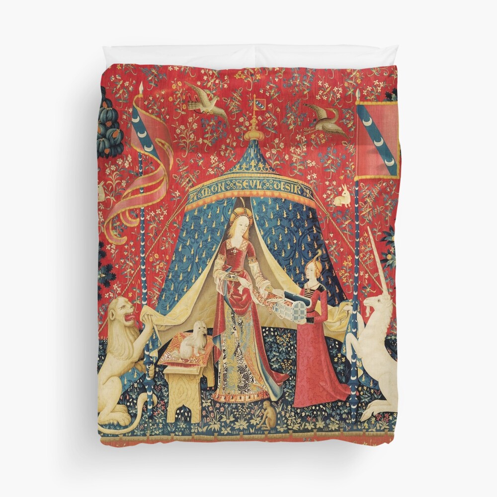 LADY AND UNICORN DESIRE ,Lion,Fantasy Flowers,Animals,Red Green Floral Duvet Cover