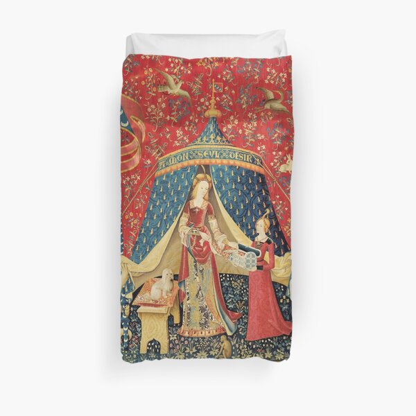 LADY AND UNICORN DESIRE ,Lion,Fantasy Flowers,Animals,Red Green Floral Duvet Cover