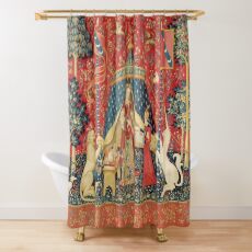 LADY AND UNICORN DESIRE ,Lion,Fantasy Flowers,Animals Red Green Floral Shower Curtain