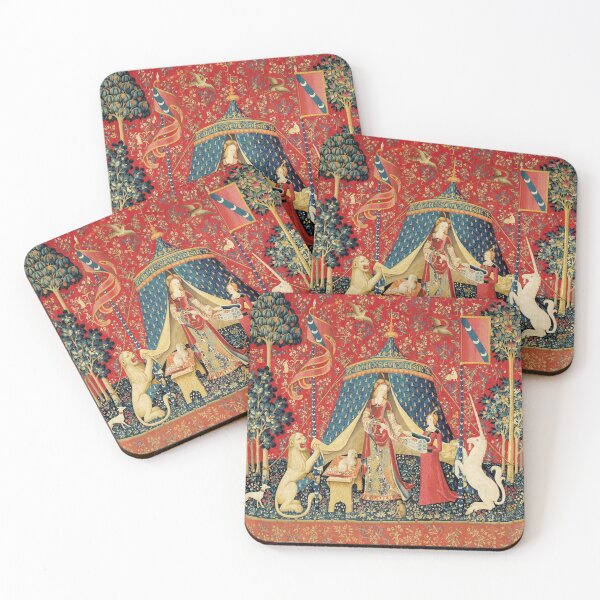 LADY AND UNICORN DESIRE ,Lion,Fantasy Flowers,Animals,Red Green Floral Coasters (Set of 4)