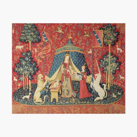 LADY AND UNICORN DESIRE ,Lion,Fantasy Flowers,Animals,Red Green Floral Art Board Print