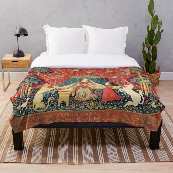 LADY AND UNICORN DESIRE ,Lion,Fantasy Flowers,Animals,Red Green Floral Throw Blanket