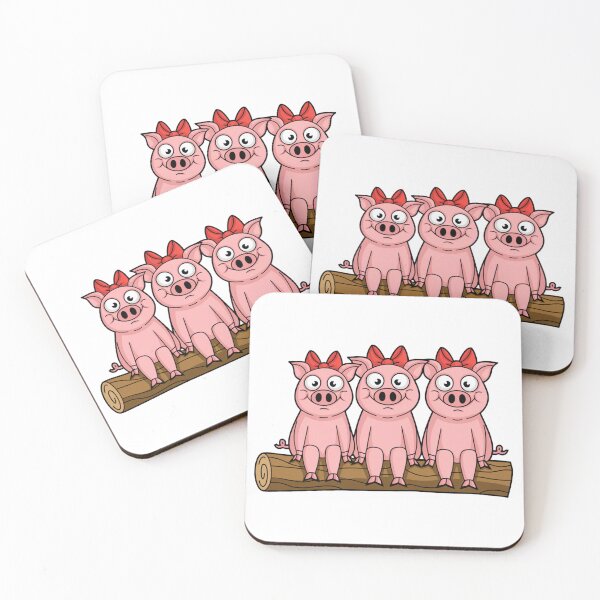 Artikelvorschau, drei Schweinemädchen mit großen Augen sitzen nebeneinander auf einem Baumstamm entworfen und verkauft von moimesfolies.