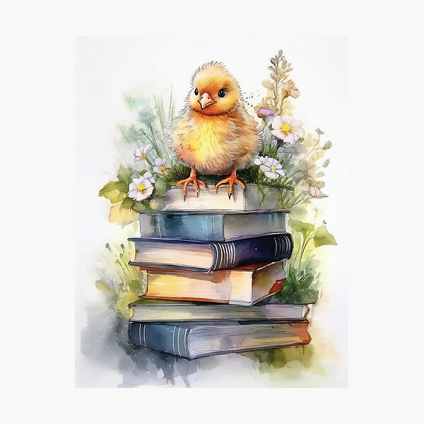 Item preview, Farm decor, farmhouse art, chicken painting, baby chick, farm animal, watercolor painting,  floral, bookish, stack of books, chick designed and sold by navitalidesign.