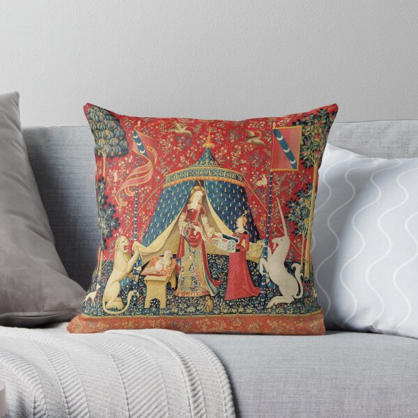 LADY AND UNICORN DESIRE ,Lion,Fantasy Flowers,Animals,Red Green Floral Throw Pillow