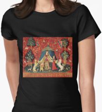 LADY AND UNICORN DESIRE ,Lion,Fantasy Flowers,Animals Red Green Floral Women's Fitted T-Shirt