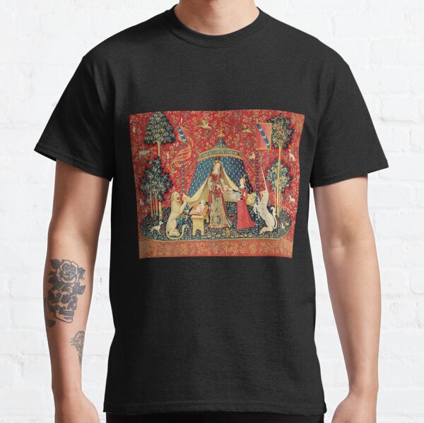 LADY AND UNICORN DESIRE ,Lion,Fantasy Flowers,Animals,Red Green Floral Classic T-Shirt
