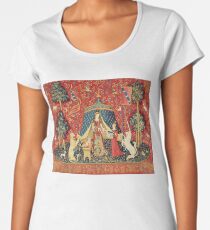 LADY AND UNICORN DESIRE ,Lion,Fantasy Flowers,Animals Red Green Floral Women's Premium T-Shirt