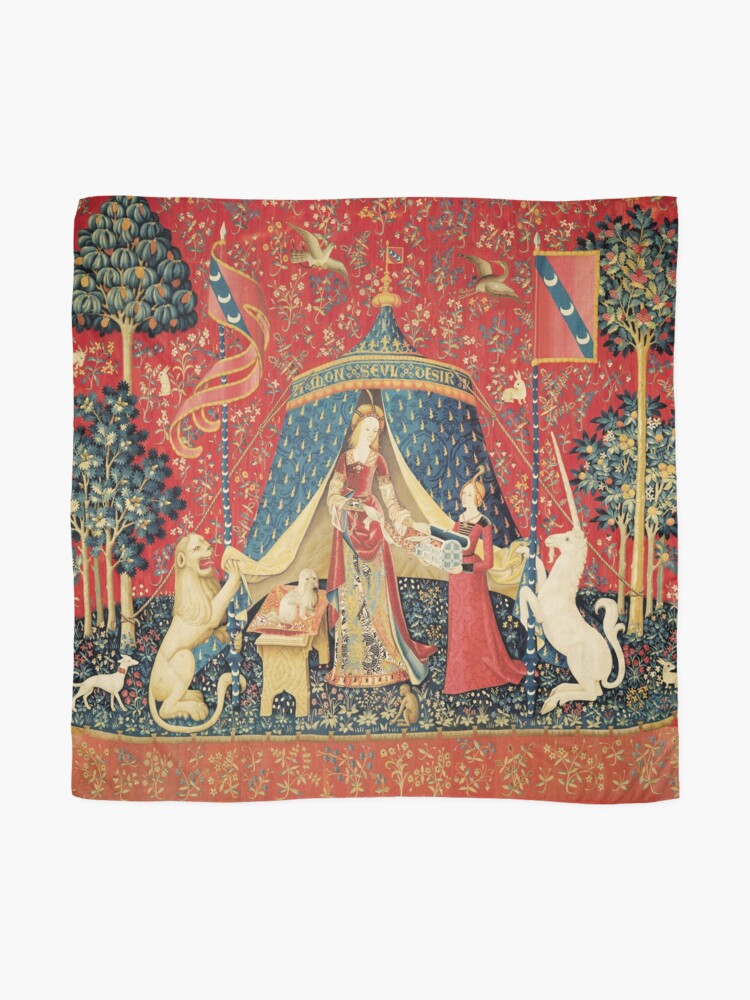 Alternate view of LADY AND UNICORN DESIRE ,Lion,Fantasy Flowers,Animals,Red Green Floral Scarf