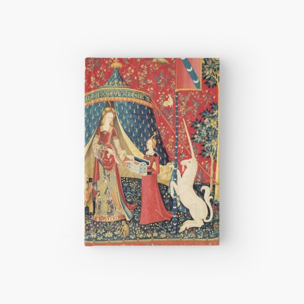 LADY AND UNICORN DESIRE ,Lion,Fantasy Flowers,Animals,Red Green Floral Hardcover Journal