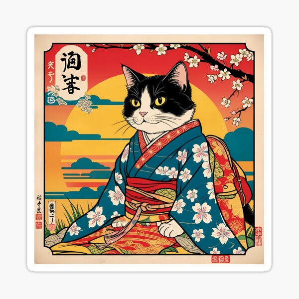 Item preview, Tuxedo cat in japanese style art retro vintage aesthetic japanese sunset with sakura  designed and sold by Catophile.