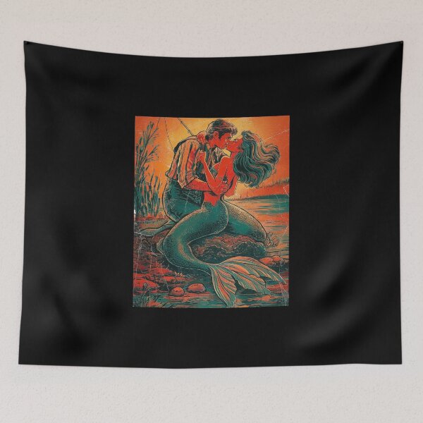 Item preview, Romantic Fisherman and Mermaid Embrace Art - Fantasy Love Illustration designed and sold by love3617.