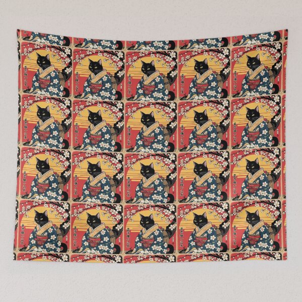 Item preview, black cat in japanese style art retro vintage aesthetic japanese sunset with sakura  designed and sold by Catophile.