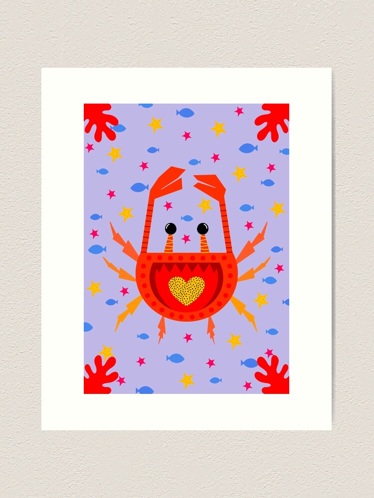 Thumbnail 2 of 3, Art Print, A vibrant, colorful red crab with a fun background. designed and sold by PomegranatePuk.