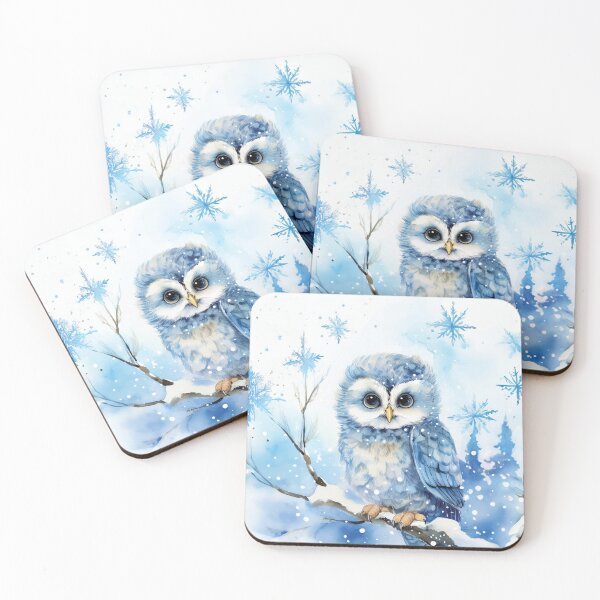 Item preview, Winter baby owl in the snow, blue, winter, snow owl, winter decor,  winter art watercolor painting, blue winterlandscape, minimalist abstract style,  watercolor painting, winter season  designed and sold by navitalidesign.